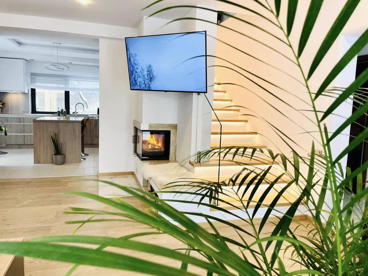 Living cu șemineu, TV și plante tropicale