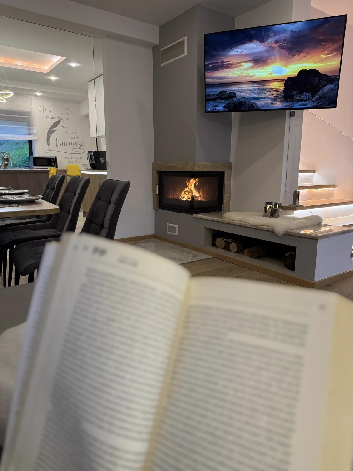 Reading by the fireplace — a relaxing evening