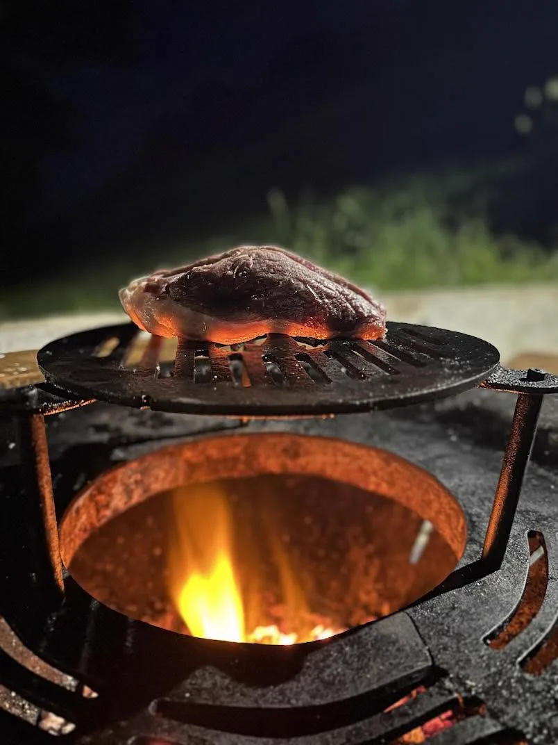 Meat on the fire disc at night