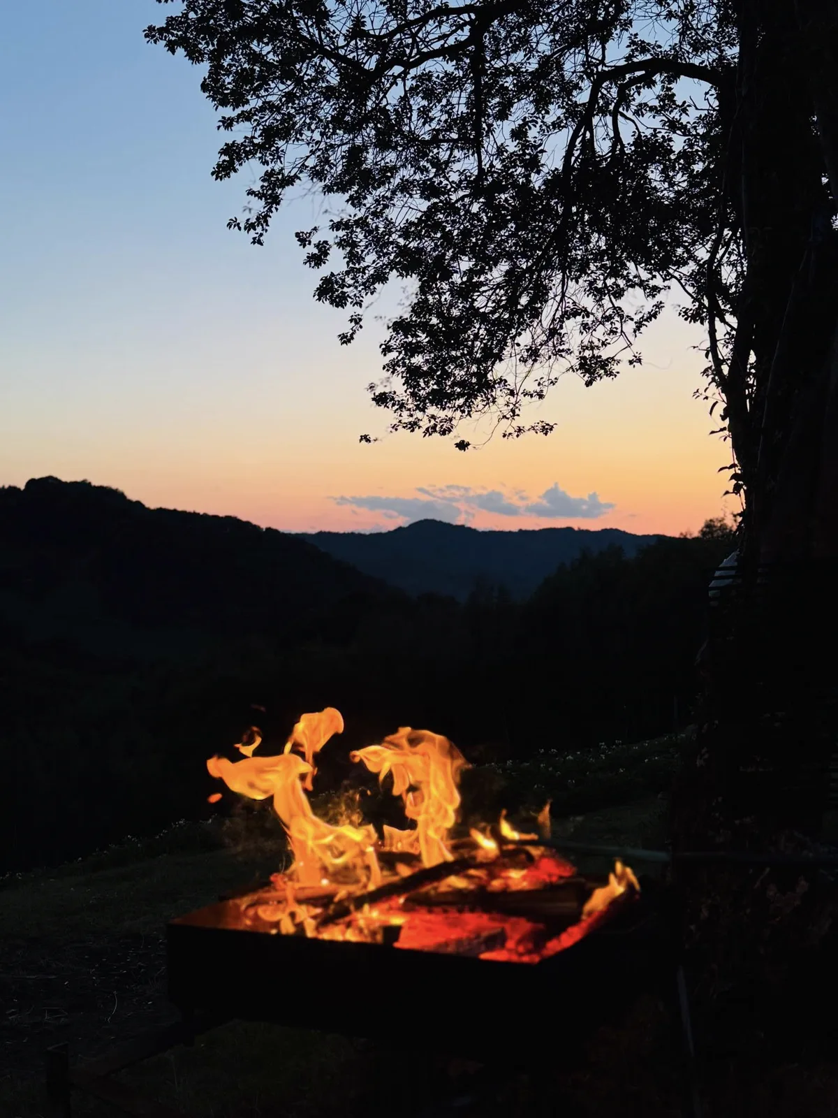Fire at sunset on the Casa Frătilă BBQ disc