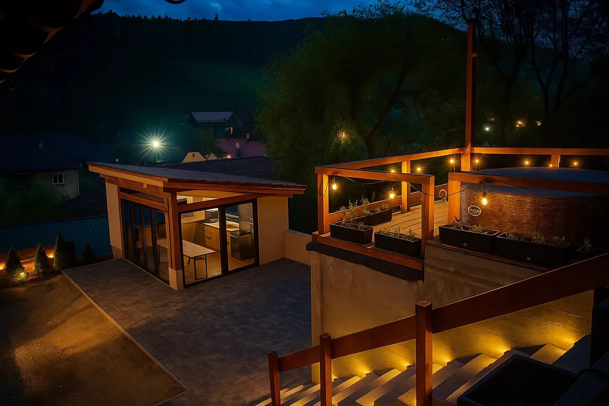 Gazebo and terrace at night with decorative lights